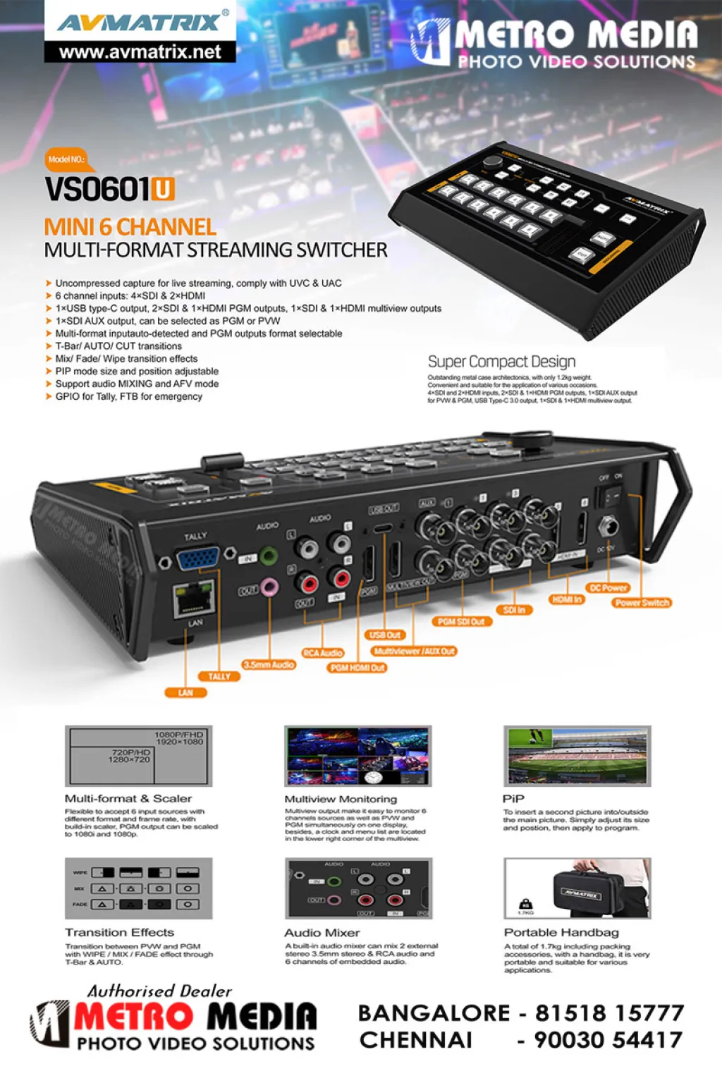 AVMatrix VS0601U Mini 6-Channel SDI/HDMI Multi-format Streaming Switcher